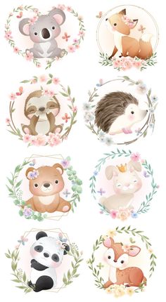 four different animals with flowers and leaves around them