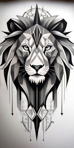 a black and white drawing of a lion's head with geometric designs on it