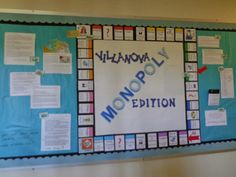 a bulletin board with words and pictures on it that read, villanovaly monopoly