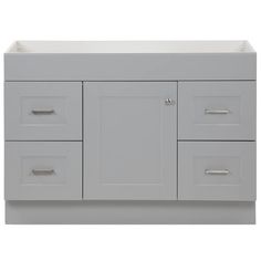 a bathroom vanity with two sinks and drawers on the top, in grey woodgrain