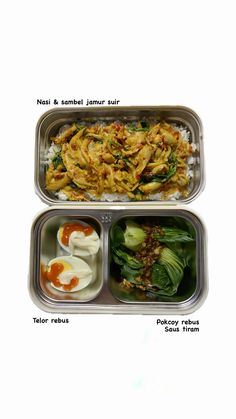 two metal trays filled with food on top of each other, including rice and vegetables