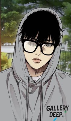 a person wearing glasses and a hoodie with an anime avatar on the phone screen