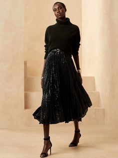 Black Full Skirt, Black Satin Skirt, Metallic Pleated Skirt, Sequin Midi Skirt, Knit Midi Skirt, Banana Republic Skirt, Black Midi Skirt, Skirt Outfit, Satin Skirt