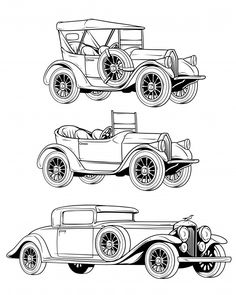 three old fashioned cars in black and white, one is an antique model t car