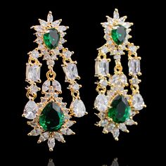 Natasha Set Emerald - Gold Plating - á La Couture Exquisite Green Earrings For Formal Occasions, Exquisite Green Formal Earrings, Exquisite Gemstone Drop Earrings, Formal Jewel Drop Earrings, Cubic Zirconia Drop Earrings For Jewelry Making, Elegant Jeweled Emerald Jewelry, Exquisite Green Diamond Earrings For Wedding, Exquisite Gemstone Dangle Earrings, Exquisite Crystal Drop Earrings