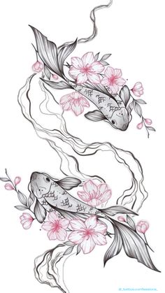 two koi fish with pink flowers on their tails