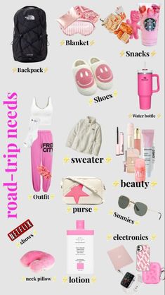 the contents of a travel bag are shown in pink and white, as well as other items