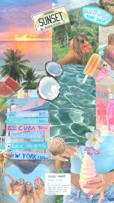 the collage is made up of photos and text that says sunset, with images of women in bikinis