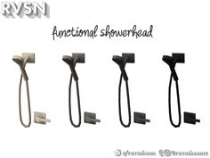 four different styles of black and white hair clips with the words, functional shower head