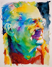 a watercolor painting of a man with glasses on his face and hand to his chin