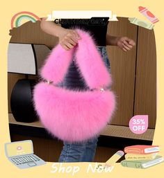 Autumn and Winter Women Fashionable Solid Color Plush Imitation Fur Semi-round Dumpling Shape Handbag Winter Pink Shoulder Bag, Trendy Evening Shoulder Bag For Winter, Pink Shoulder Bag For Winter, Trendy Winter Party Shoulder Bag, Chic Pink Shoulder Bag For Winter, Chic Pink Winter Shoulder Bag, Shopping Party, Fur Bag, Travel Business