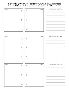 the interactive notebook planning sheet is shown in black and white, with four different sections