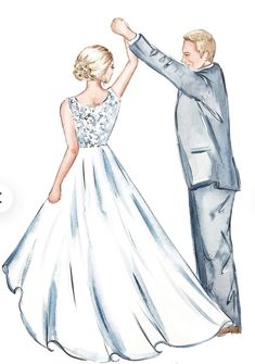 a watercolor drawing of a bride and groom dancing