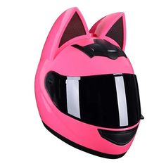 a pink cat helmet with ears on it's face is shown in front of a white background