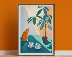 an orange cat sitting on top of a table next to two cups and a potted plant