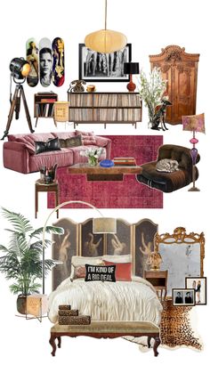 a collage of furniture and decor in different styles, colors, and sizes with pictures on the wall