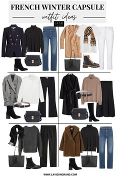 6 different outfit combinations of French inspired pieces to wear during winter of coats, blazers, jeans, shoes. Europe Winter Shoes, Winter Outfits To Work, Classic Designer Pieces, Paris Winter Travel Capsule, French Outfit Style Winter, French Cold Weather Outfits, Classic Chic Outfits Winter, Parissiene Style Winter, French Winter Outfits Minimal Classic