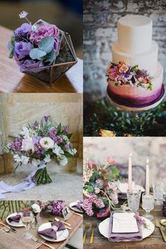 a collage of photos with flowers and candles on them, including cake, napkins, plates, and wine glasses