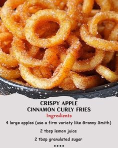 crispy apple cinnamon curly fries in a frying pan with ingredients list on the side