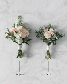 two bridal bouquets with different flowers on them