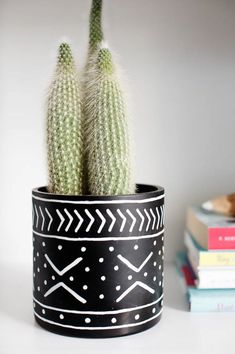 a small cactus in a black and white pot on a table next to some books