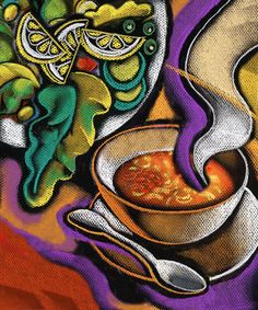 a painting of food on a plate and bowl