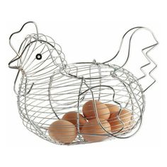 a metal chicken basket filled with eggs