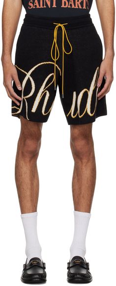 Knit cotton- and cashmere-blend shorts. · Drawstring at rib knit waistband · Three-pocket styling · Jacquard logo graphic at front legs · Logo-engraved silver-tone hardware Supplier color: Black/Cream Rhude Shorts Men Outfit, Martial Arts Fashion, Rhude Shorts, Mens Shorts Outfits, Boxing Shorts, Silver Engraving, Knit Cotton, Logo Graphic, Black Cream