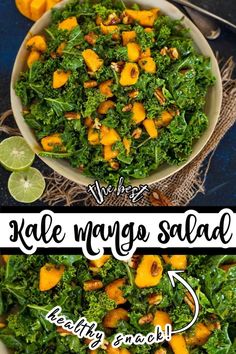 two pictures showing how to make kale mango salad