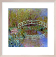 a painting of a white bridge over a pond