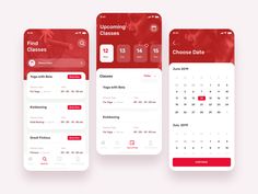 three red and white iphone screens showing different dates