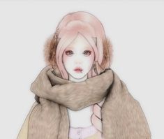 a digital painting of a woman with pink hair wearing a fur coat and scarf over her shoulders