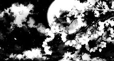 black and white photograph of tree branches with moon in background