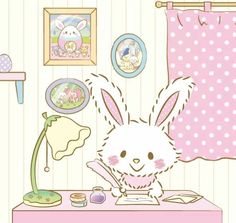 a cartoon bunny is sitting at a desk in front of some pictures on the wall