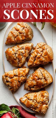 apple cinnamon scones on a plate with apples in the background and text overlay