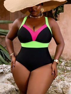 Plus Size Summer Beach Contrast Color Criss-Cross Back One-Piece Swimsuit Black Casual  Sleeveless Fabric Colorblock  High Stretch  Women Plus Clothing, size features are:Bust: ,Length: ,Sleeve Length: Plus Size Swimwear Fatkini, Body Shaping Swimwear, Backless Tankini, Shaping Swimwear, Plus Size One Piece, Neon Fashion, Plus Swimwear, Coverup Skirt, Swimsuit Black