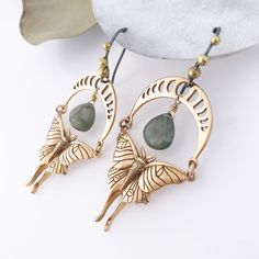 Bronze Luna Moth and Moon Phase Earrings With Green Moss - Etsy Genderfluid Fashion, Crystal Ideas, Moth Jewelry, Blessing Ceremony, Moth Earrings, Sterling Silver Star Earrings, Silver Star Earrings, Wire Wrapped Jewelry Diy, Candy Jewelry