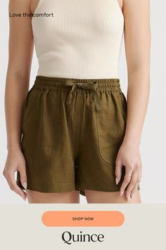 Relaxed and lightweight, these shorts are equally perfect for lounging around or stepping out to see friends. Made from soft, 100% organic linen, they’re a perfect addition for the warm weather.  | Quince | Women's Shorts in Martini Olive, Size Medium, Linen Martini Olive, Martini Olives, European Linens, Re A, Organic Linens, Stepping Out, Linen Shorts, Quince, Warm Weather