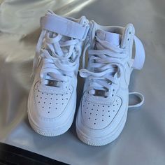 *Brand New* Never Worn. Too Small. Size 2.5 Youth Hard To Find. All White Nike Air Force Ones High For One Nike, Nike Air Force Mid, Nike Air Force 2, Nike Air Force High, All White Nike, Nike Airmax Plus, Navy Trainers, White Nike Air Force, Nike Shoes New