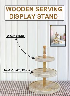 the wooden serving display stand has three tiers and is labeled with instructions for how to use it