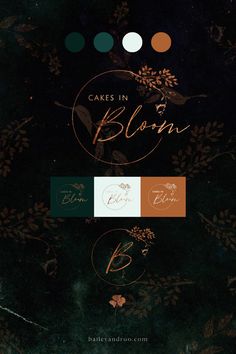 cakes in bloom book cover with gold and green leaves on the front, black background