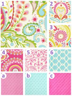 the different patterns and colors of fabric are shown in this image, including pink, blue,