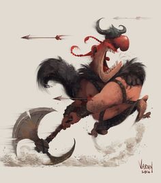 a drawing of a demon riding on the back of a horse with an arrow in it's mouth