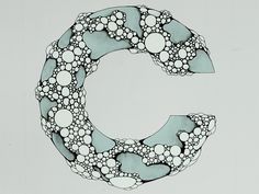 a black and white drawing of the letter c made up of circles, dots and lines