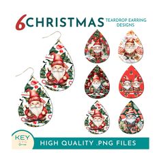 six christmas themed tear earrings with santa claus and other decorations in red, white and green