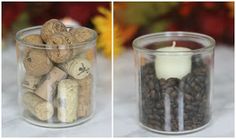 two glass jars filled with wine corks and a candle