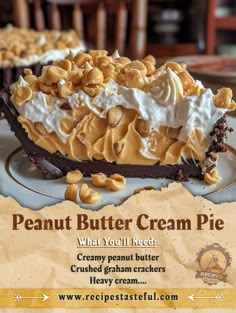 a piece of peanut butter cream pie on a plate