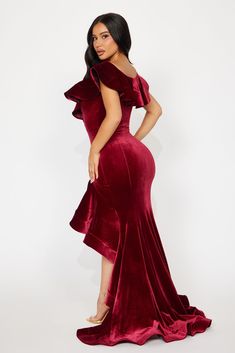 Available In Wine. Velvet Gown V-Neckline Short Ruffle Sleeves High Low Hem Stretch 95% Polyester 5% Spandex Imported | Like A Star Velvet Gown Dress in Wine size Large by Fashion Nova Velvet Dressing Gown, Velvet Gown, Woman Back, Gown Dress, Ruffle Sleeves, Matching Dresses, High Low Hem, Active Wear For Women, Clothes For Sale