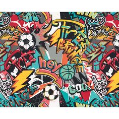 an image of graffiti wallpaper with basketballs and soccer balls on it's surface