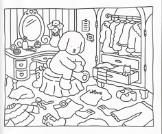 a black and white drawing of a teddy bear looking at clothes in a closet,